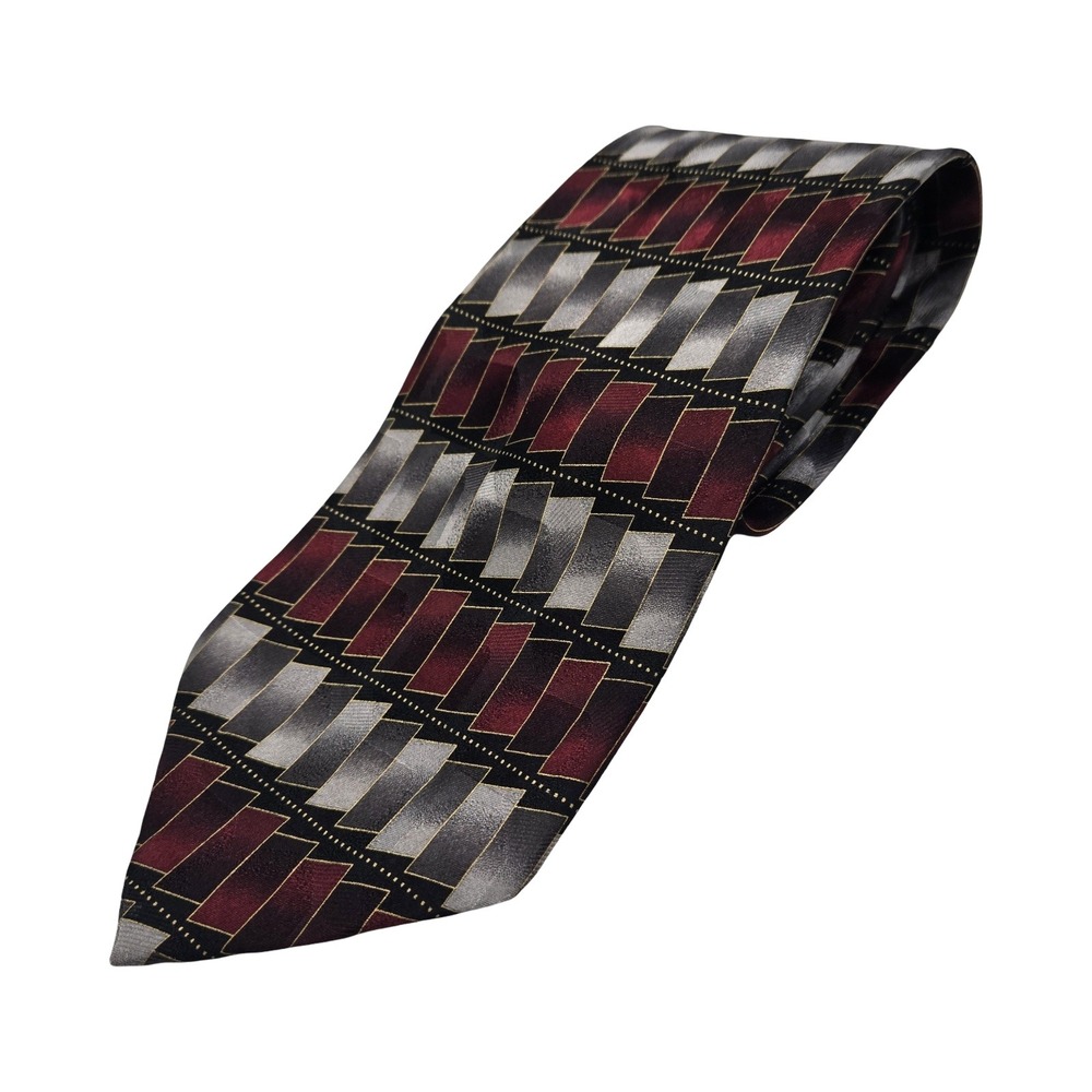Mosaic Necktie Burgundy Silver Grey Geometric Silk Hand Made Korea Prom Hoco VTG